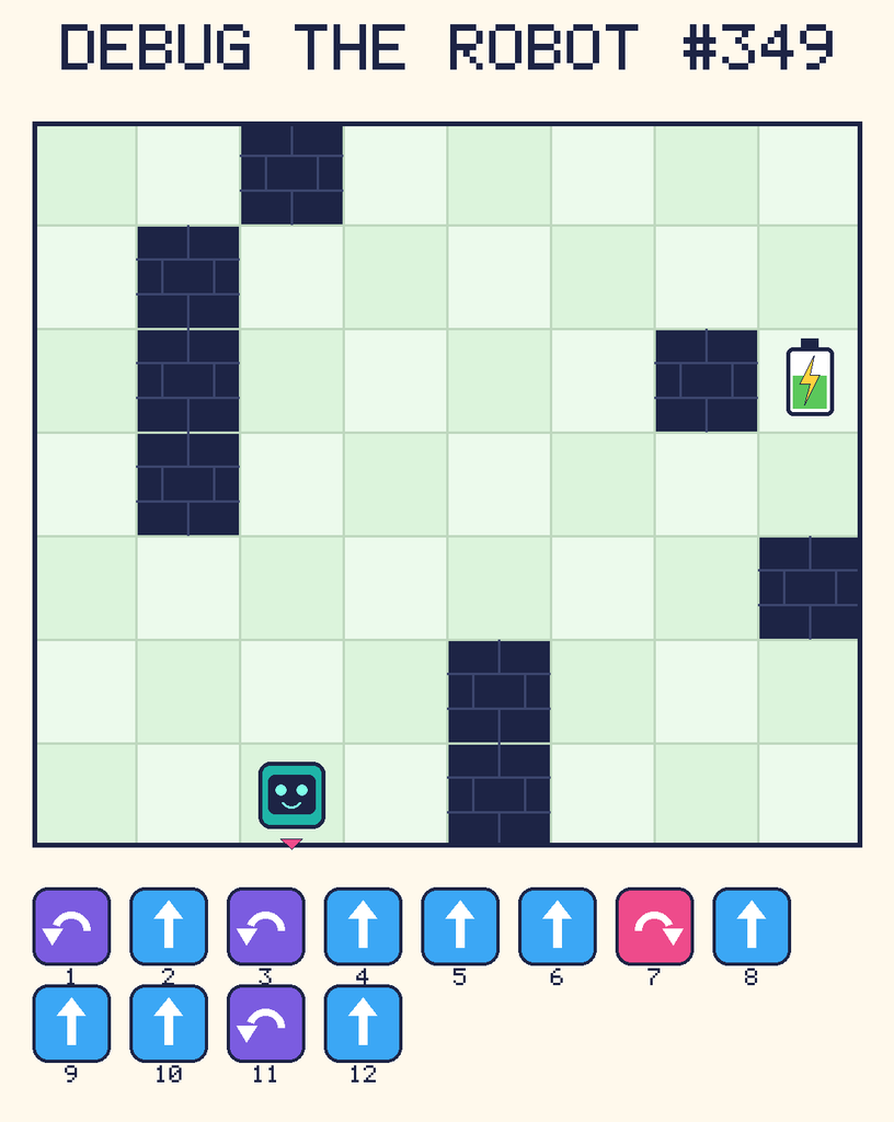 Debug the Robot 349. Beep starts at column 3, row 7, facing down. The battery is at column 8, row 3. Grid squares are counted from the top-left corner. Dark brick squares are walls.
