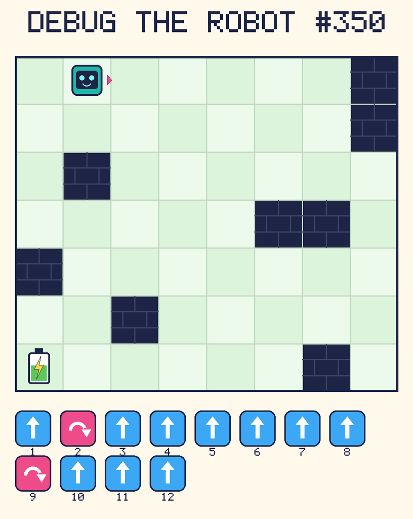 Debug the Robot 350. Beep starts at column 2, row 1, facing right. The battery is at column 1, row 7. Grid squares are counted from the top-left corner. Dark brick squares are walls.