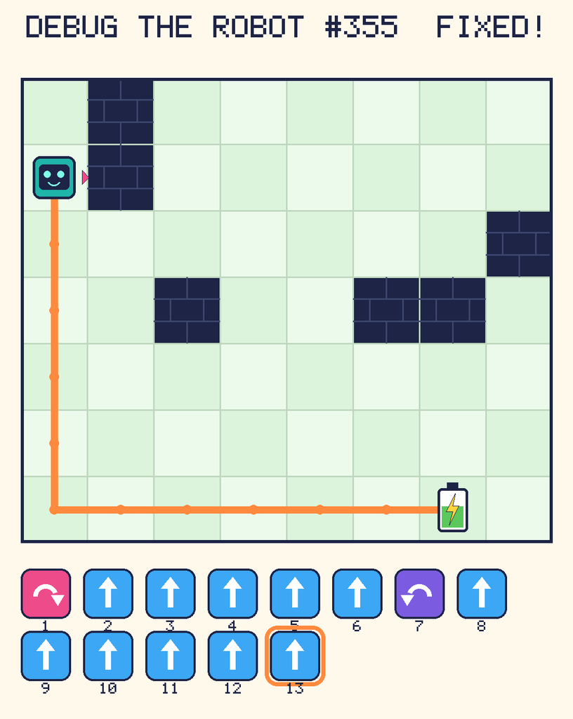 The fixed program, with Beep's route to the battery drawn as an orange line.