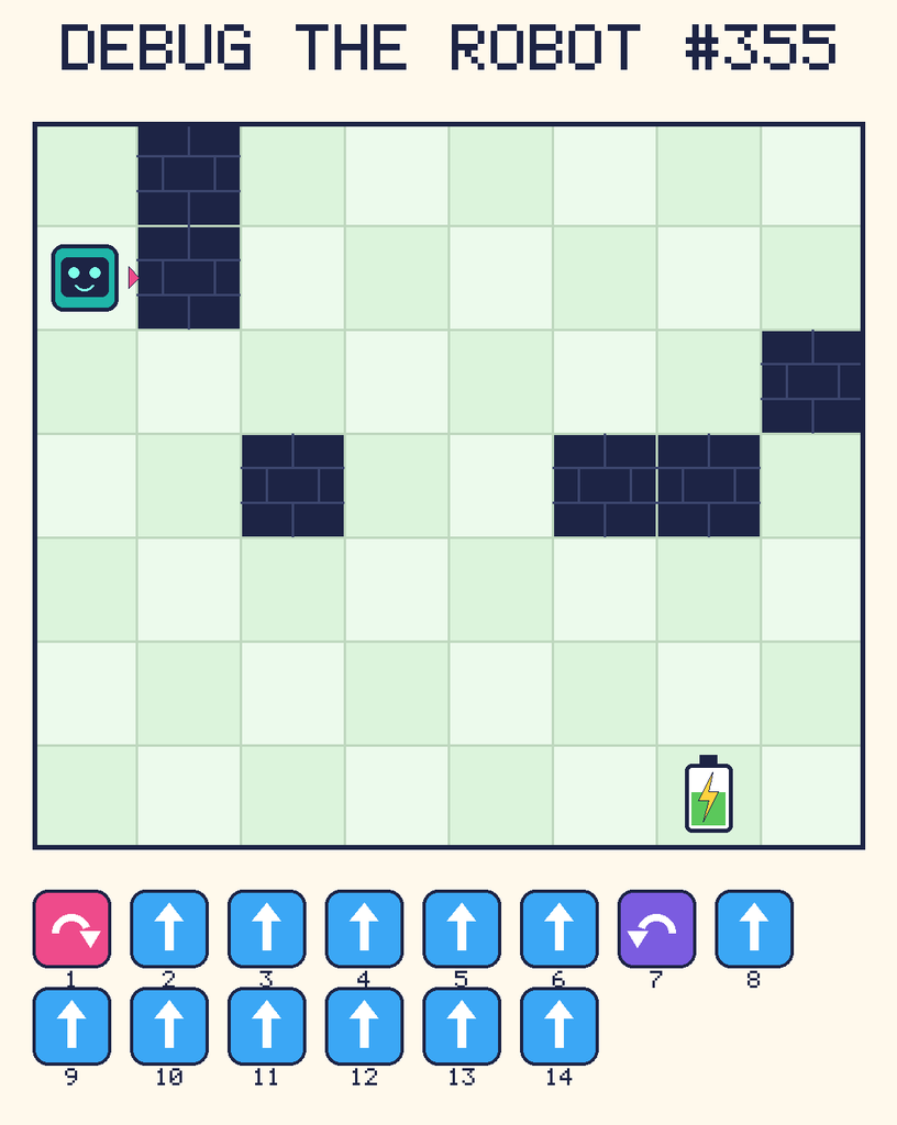 Debug the Robot 355. Beep starts at column 1, row 2, facing right. The battery is at column 7, row 7. Grid squares are counted from the top-left corner. Dark brick squares are walls.