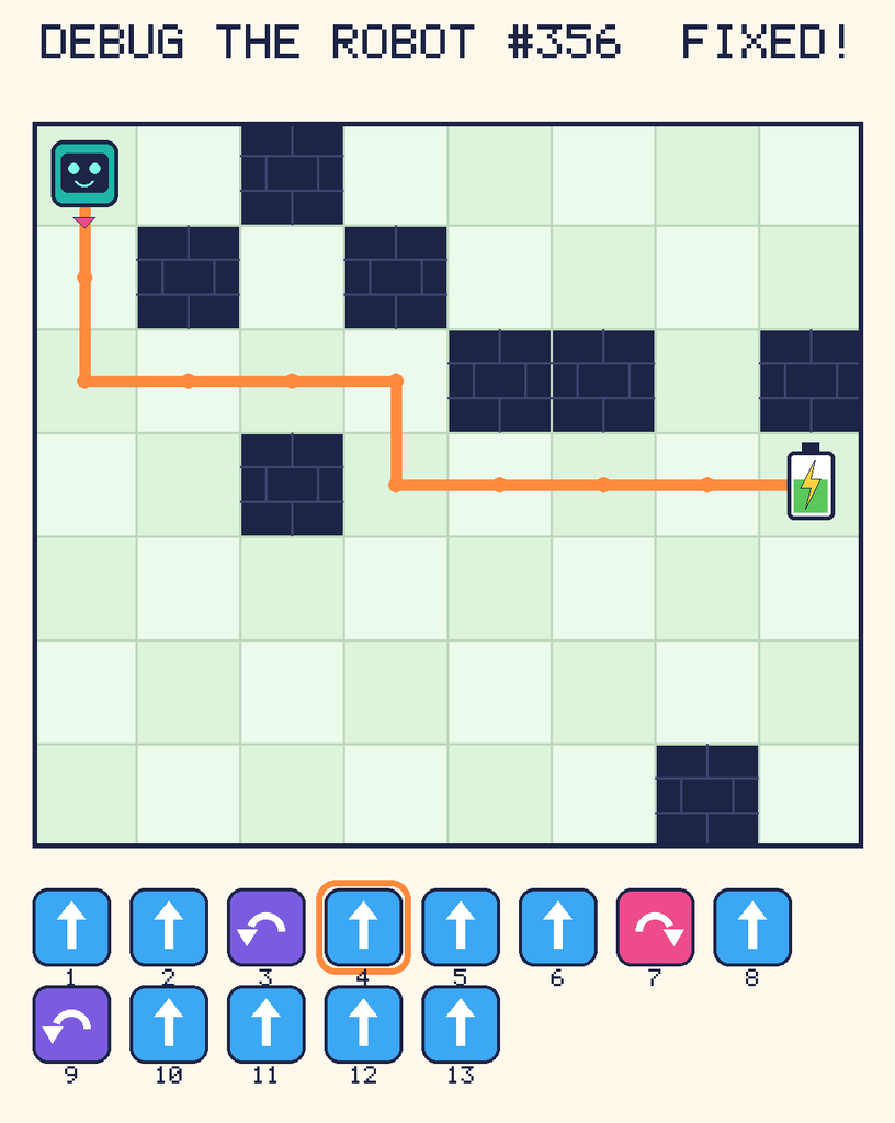 The fixed program, with Beep's route to the battery drawn as an orange line.