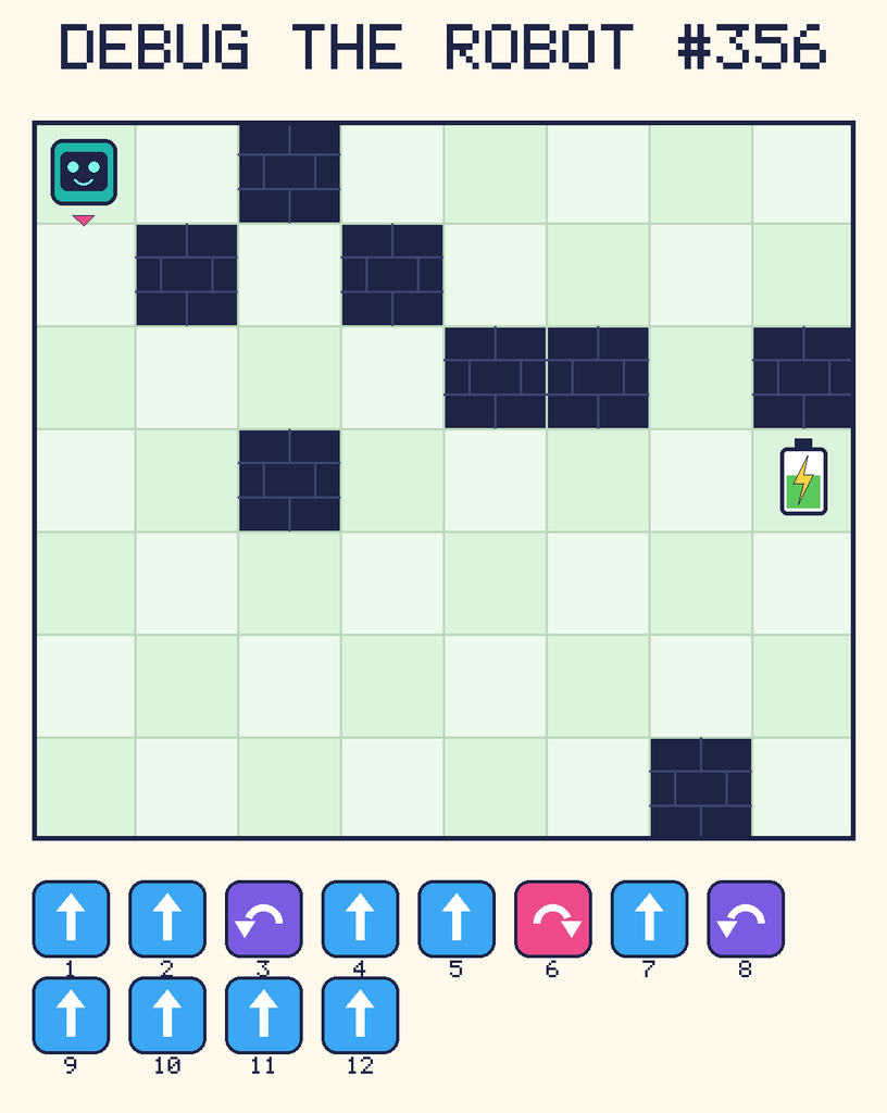 Debug the Robot 356. Beep starts at column 1, row 1, facing down. The battery is at column 8, row 4. Grid squares are counted from the top-left corner. Dark brick squares are walls.