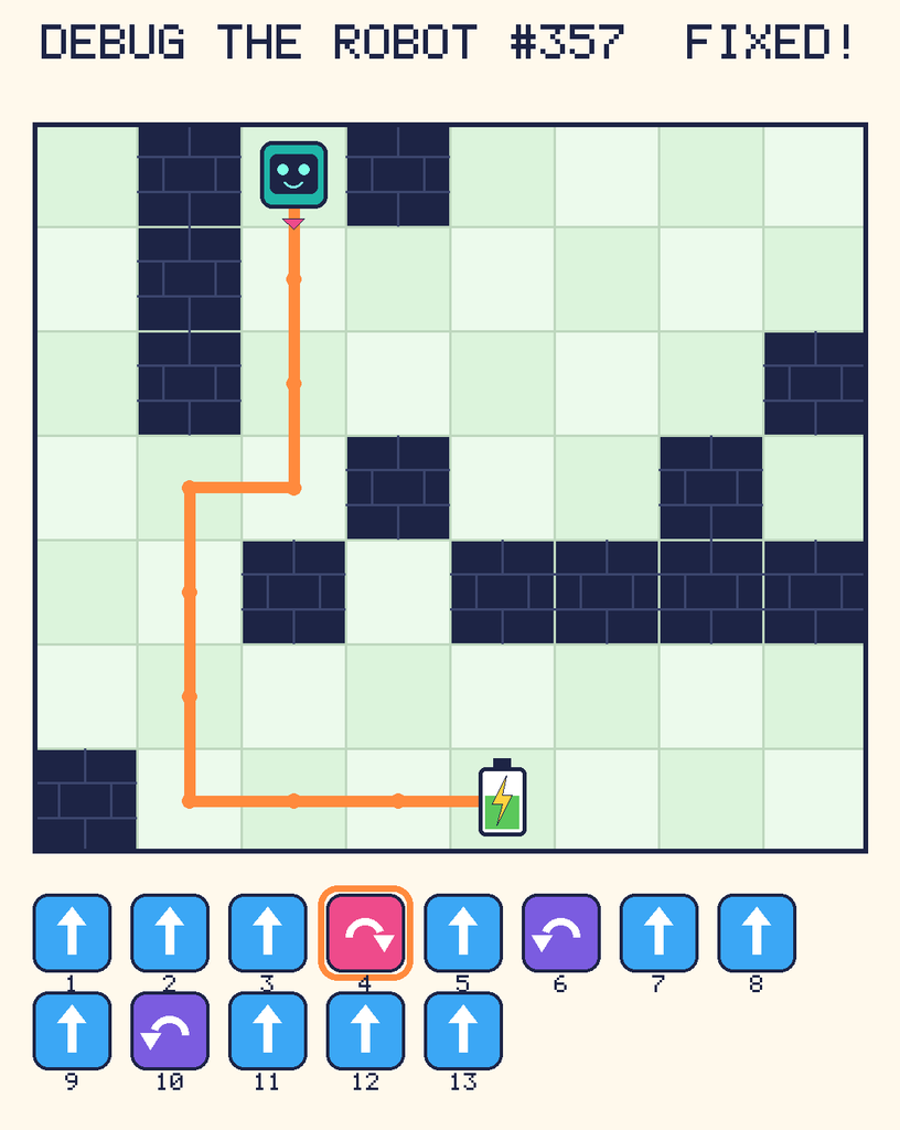 The fixed program, with Beep's route to the battery drawn as an orange line.