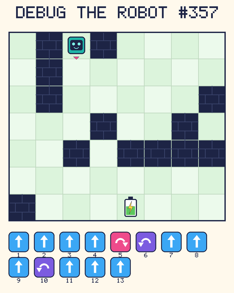Debug the Robot 357. Beep starts at column 3, row 1, facing down. The battery is at column 5, row 7. Grid squares are counted from the top-left corner. Dark brick squares are walls.