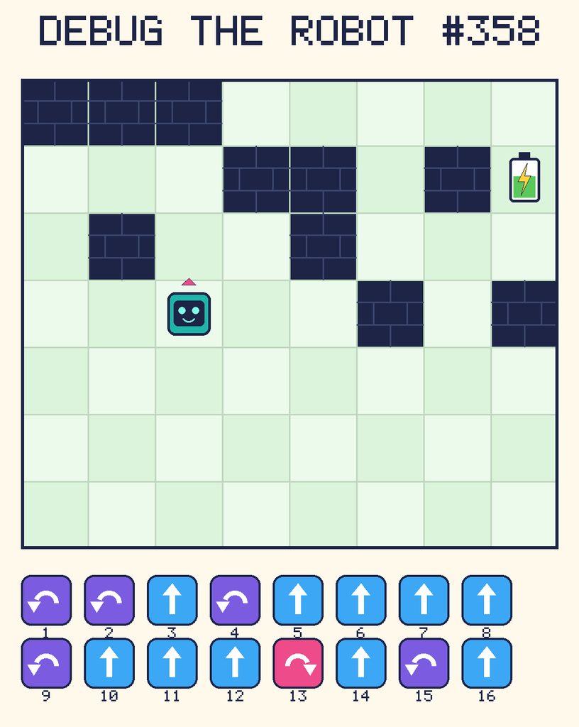 Debug the Robot 358. Beep starts at column 3, row 4, facing up. The battery is at column 8, row 2. Grid squares are counted from the top-left corner. Dark brick squares are walls.