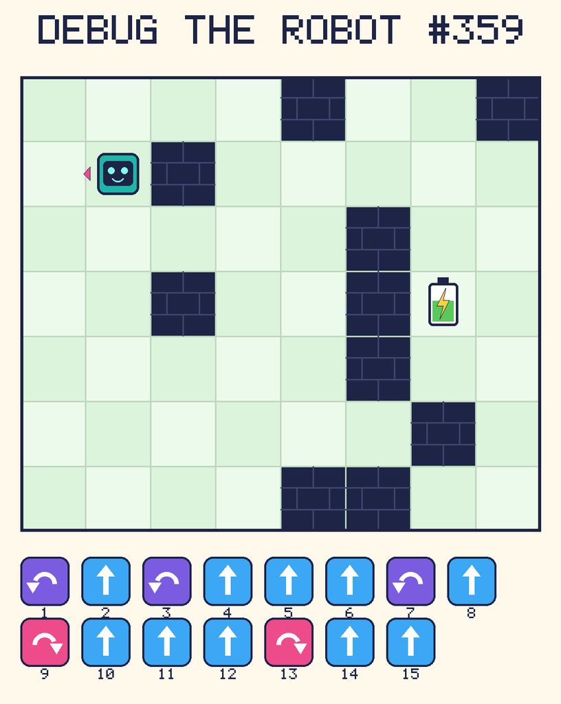 Debug the Robot 359. Beep starts at column 2, row 2, facing left. The battery is at column 7, row 4. Grid squares are counted from the top-left corner. Dark brick squares are walls.