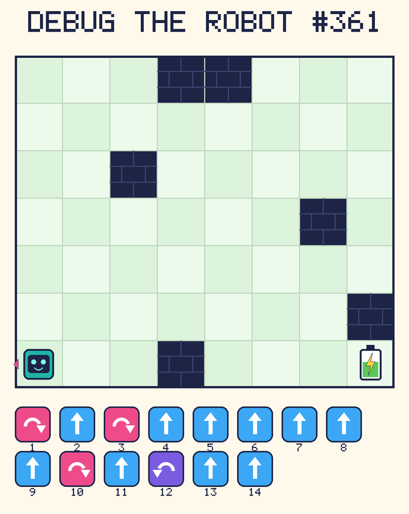 Debug the Robot 361. Beep starts at column 1, row 7, facing left. The battery is at column 8, row 7. Grid squares are counted from the top-left corner. Dark brick squares are walls.