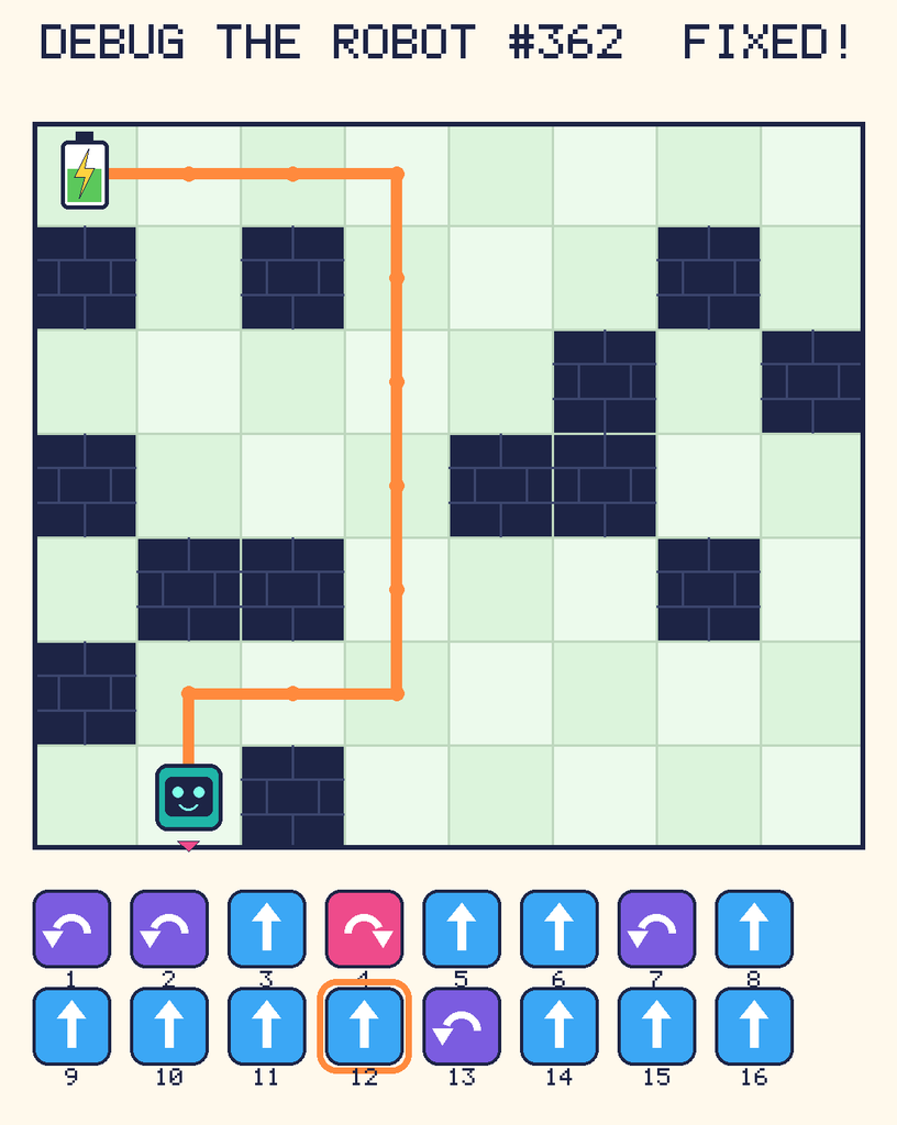 The fixed program, with Beep's route to the battery drawn as an orange line.