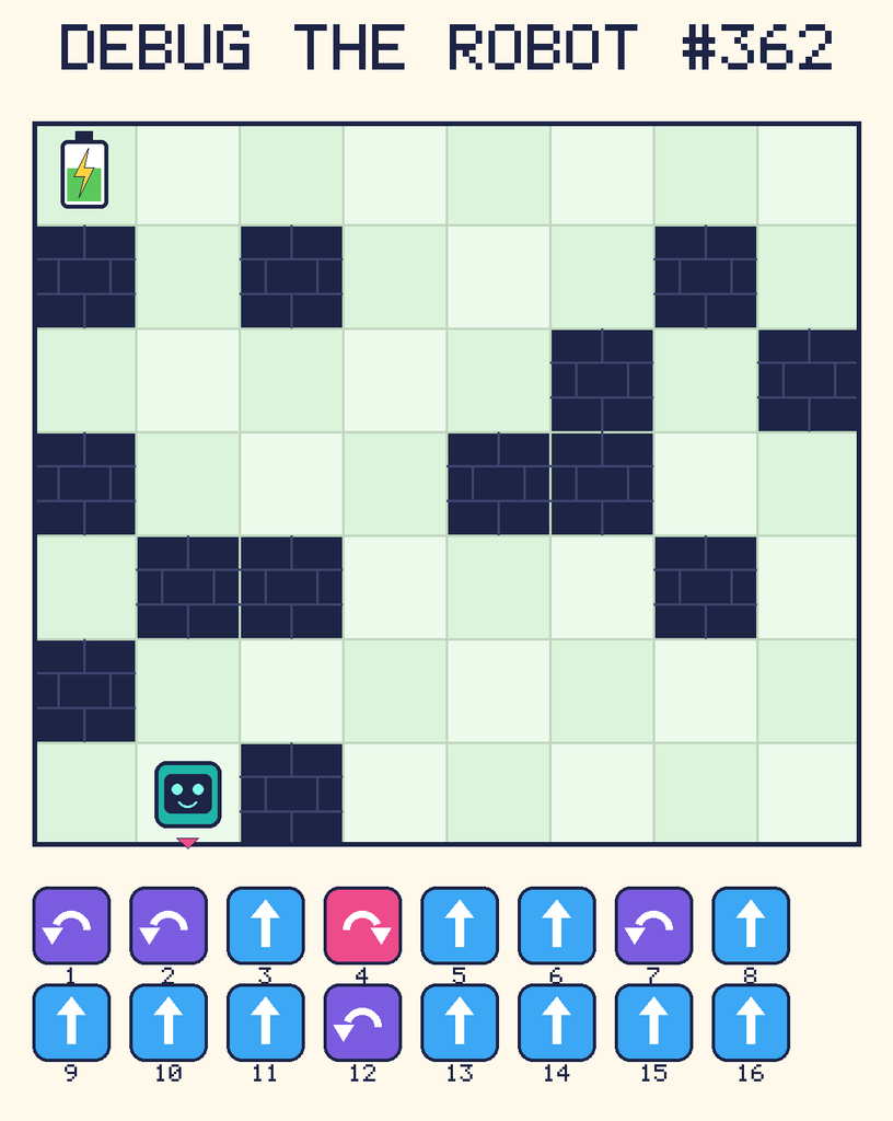 Debug the Robot 362. Beep starts at column 2, row 7, facing down. The battery is at column 1, row 1. Grid squares are counted from the top-left corner. Dark brick squares are walls.