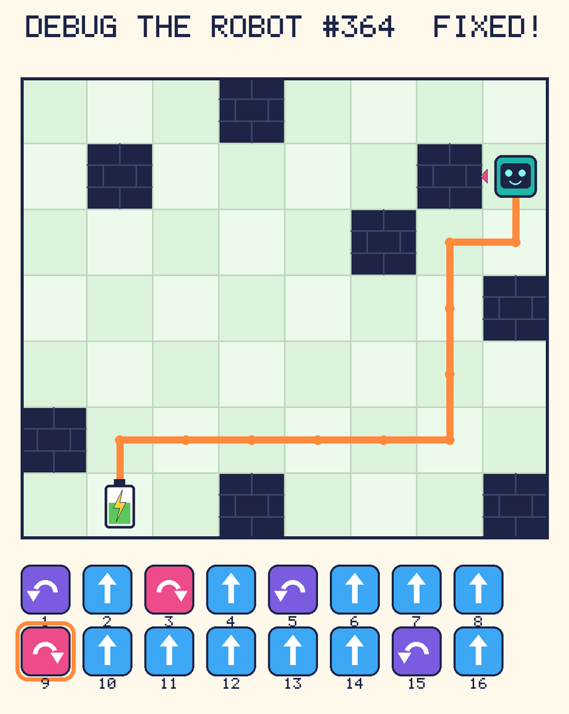 The fixed program, with Beep's route to the battery drawn as an orange line.