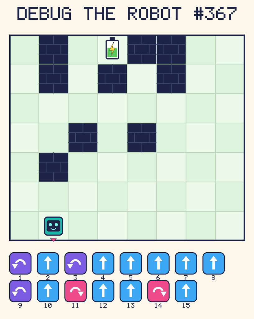 Debug the Robot 367. Beep starts at column 2, row 7, facing down. The battery is at column 4, row 1. Grid squares are counted from the top-left corner. Dark brick squares are walls.