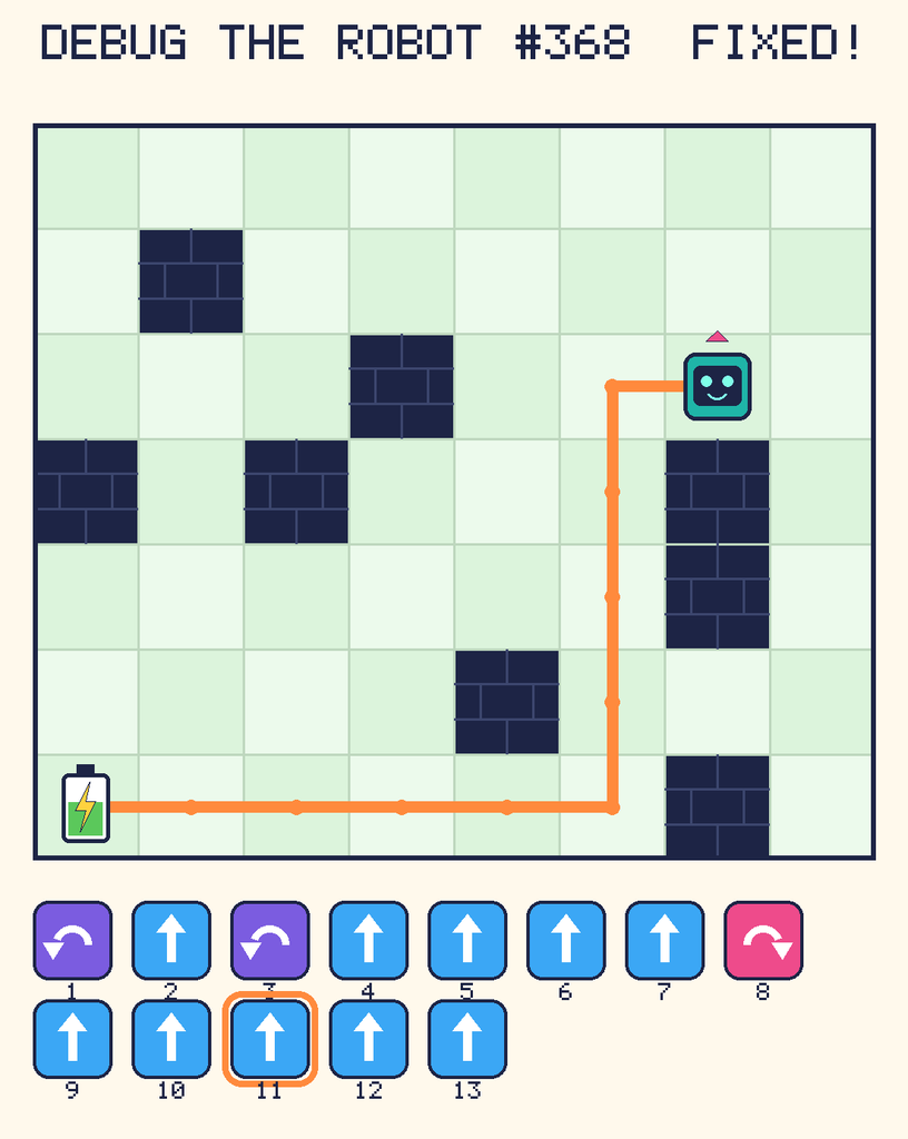 The fixed program, with Beep's route to the battery drawn as an orange line.