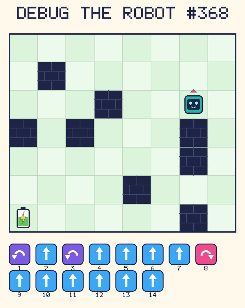 Debug the Robot 368. Beep starts at column 7, row 3, facing up. The battery is at column 1, row 7. Grid squares are counted from the top-left corner. Dark brick squares are walls.