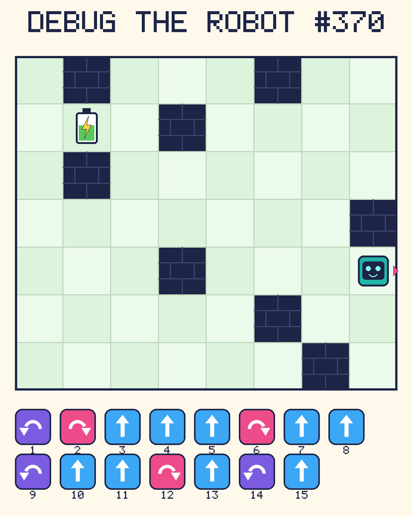 Debug the Robot 370. Beep starts at column 8, row 5, facing right. The battery is at column 2, row 2. Grid squares are counted from the top-left corner. Dark brick squares are walls.