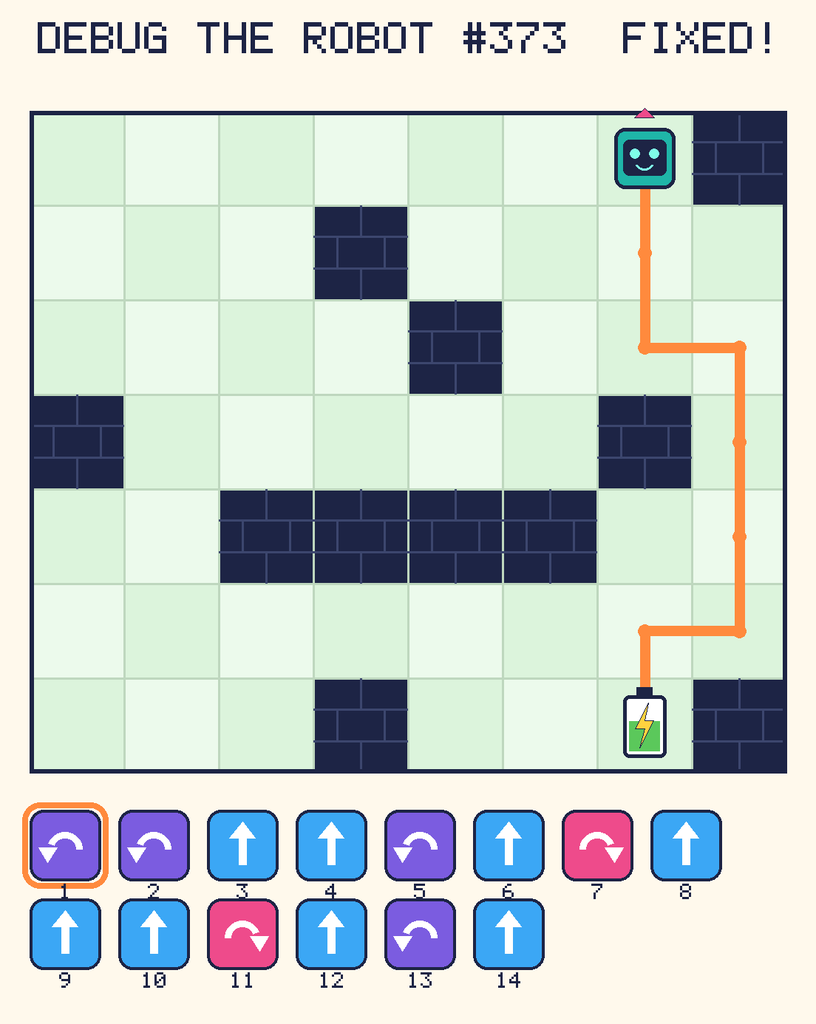 The fixed program, with Beep's route to the battery drawn as an orange line.