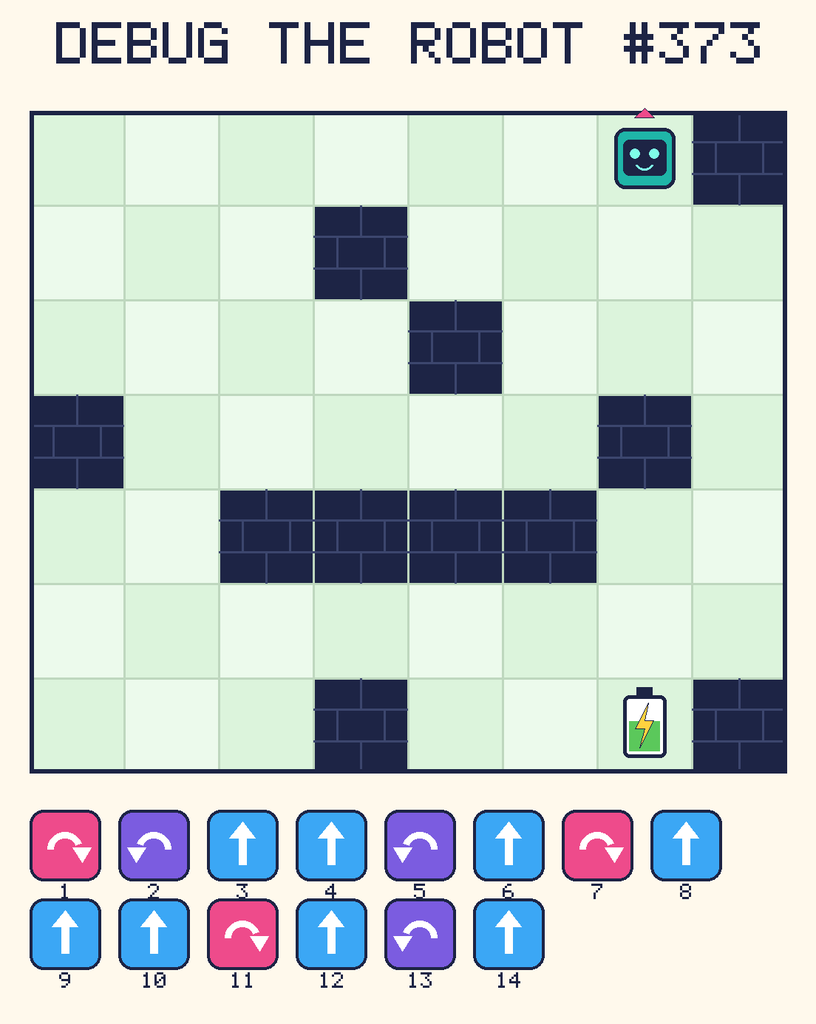 Debug the Robot 373. Beep starts at column 7, row 1, facing up. The battery is at column 7, row 7. Grid squares are counted from the top-left corner. Dark brick squares are walls.