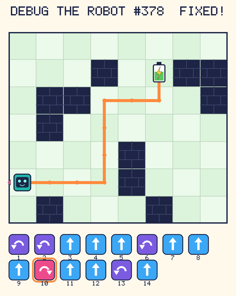 The fixed program, with Beep's route to the battery drawn as an orange line.