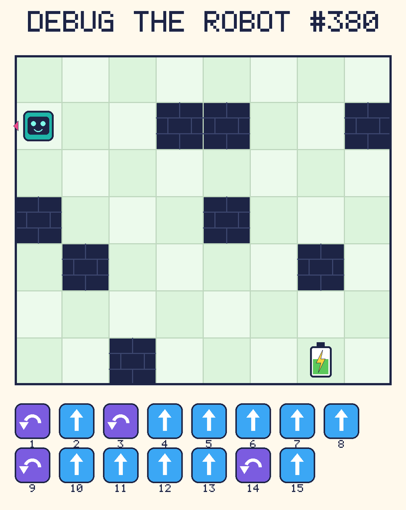 Debug the Robot 380. Beep starts at column 1, row 2, facing left. The battery is at column 7, row 7. Grid squares are counted from the top-left corner. Dark brick squares are walls.