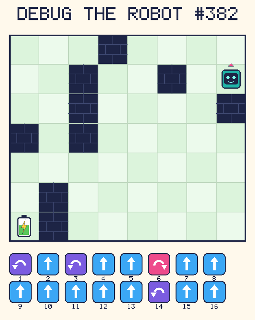 Debug the Robot 382. Beep starts at column 8, row 2, facing up. The battery is at column 1, row 7. Grid squares are counted from the top-left corner. Dark brick squares are walls.