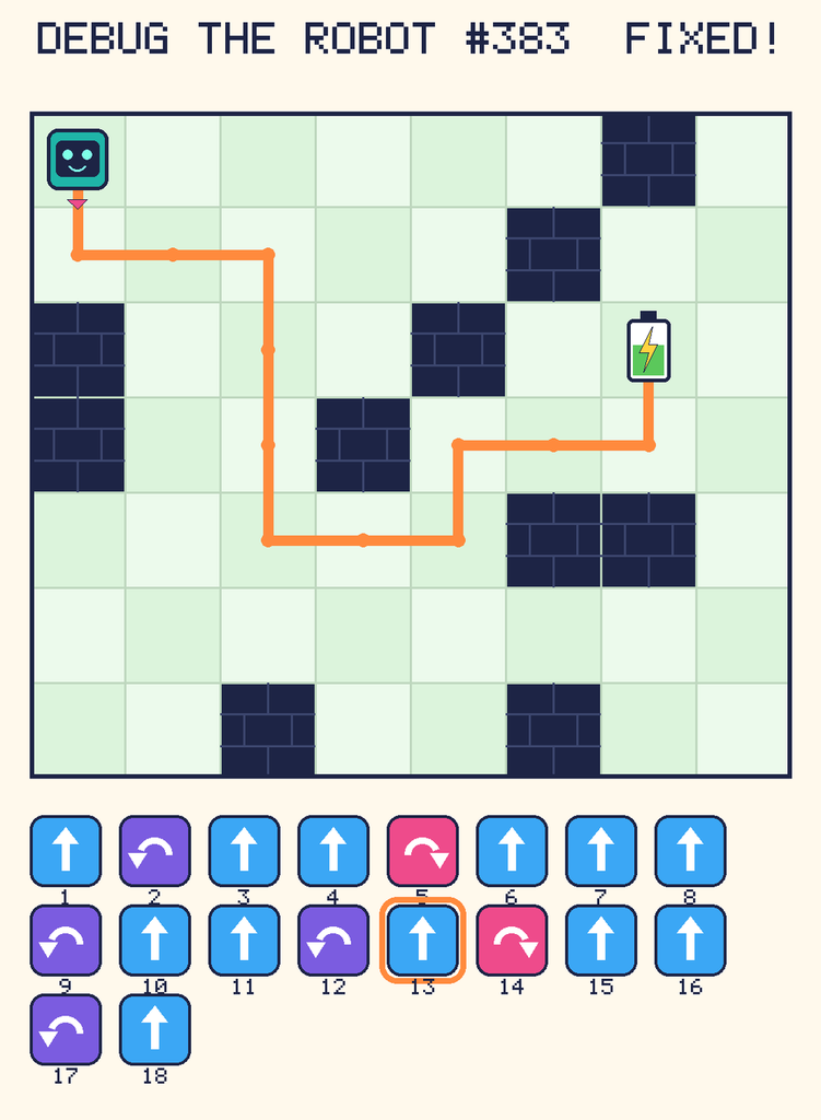 The fixed program, with Beep's route to the battery drawn as an orange line.