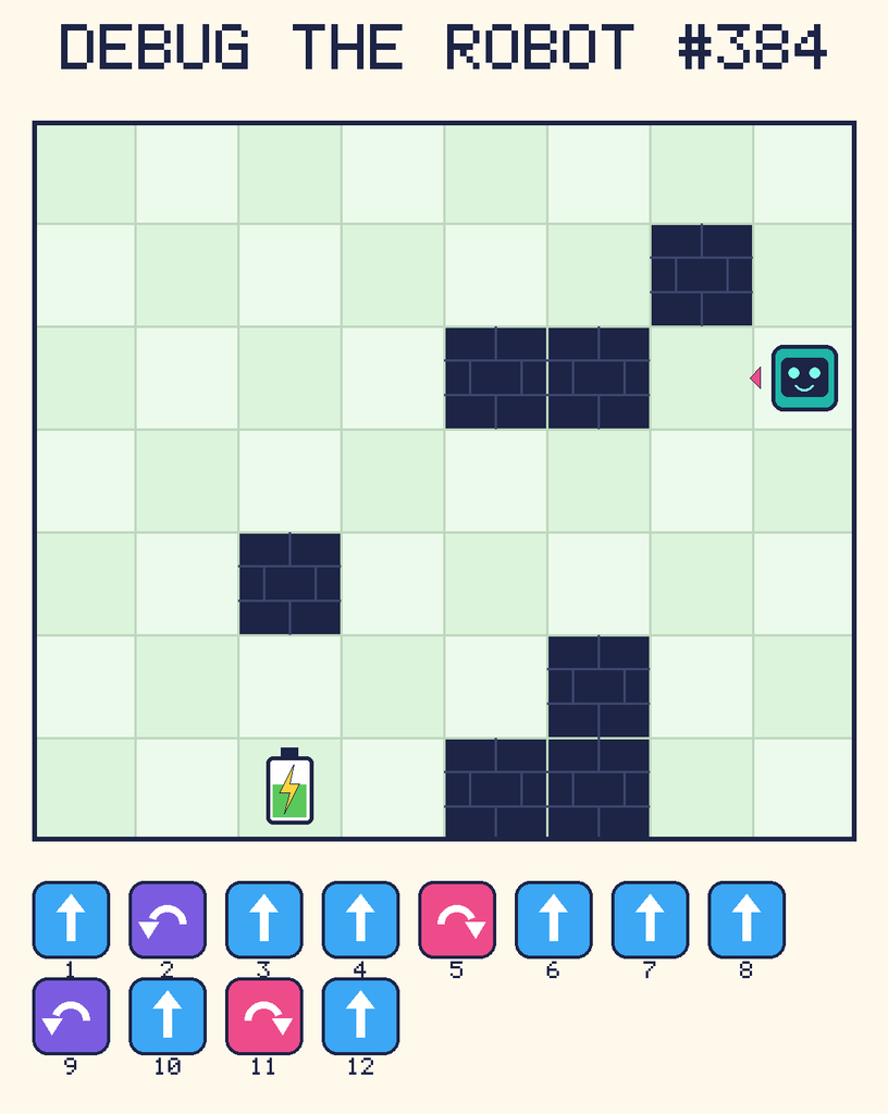 Debug the Robot 384. Beep starts at column 8, row 3, facing left. The battery is at column 3, row 7. Grid squares are counted from the top-left corner. Dark brick squares are walls.