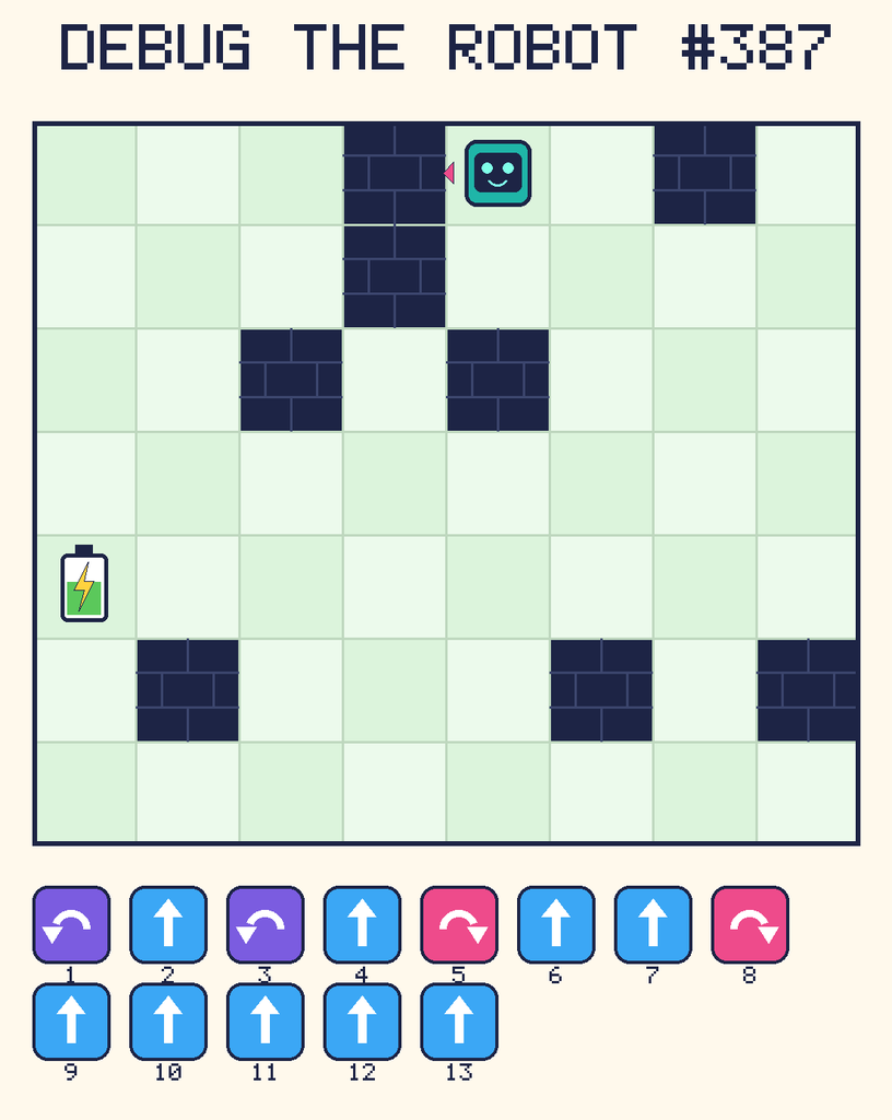 Debug the Robot 387. Beep starts at column 5, row 1, facing left. The battery is at column 1, row 5. Grid squares are counted from the top-left corner. Dark brick squares are walls.