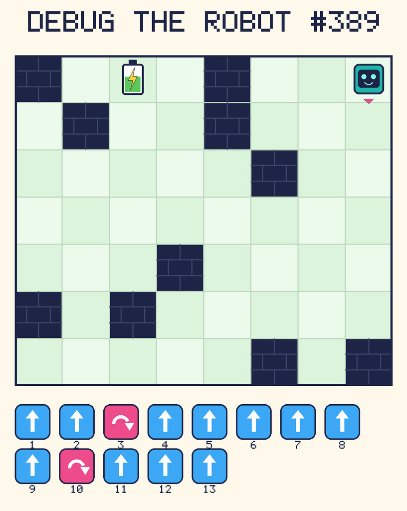 Debug the Robot 389. Beep starts at column 8, row 1, facing down. The battery is at column 3, row 1. Grid squares are counted from the top-left corner. Dark brick squares are walls.