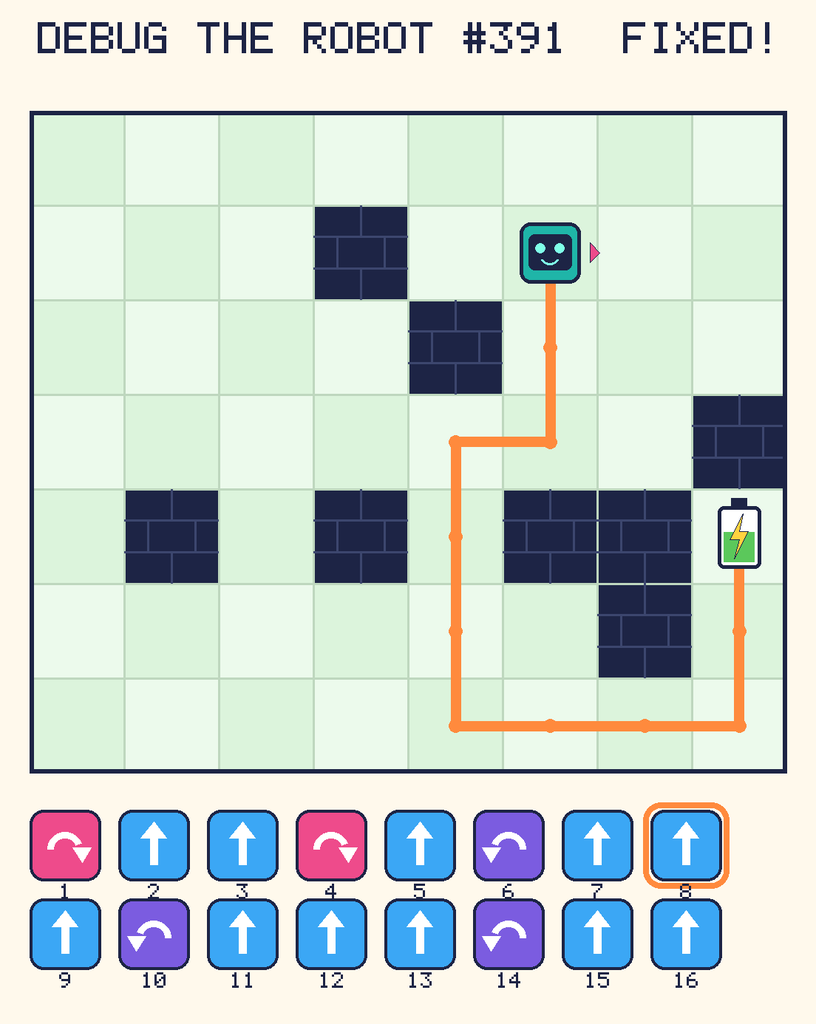 The fixed program, with Beep's route to the battery drawn as an orange line.