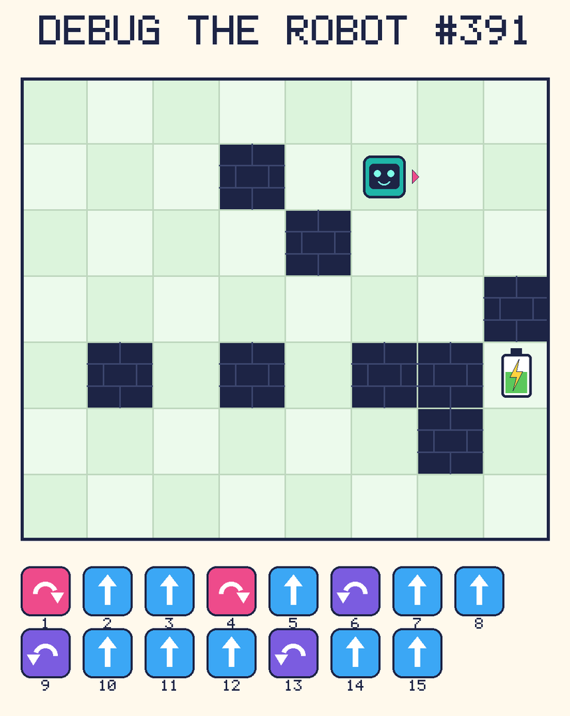 Debug the Robot 391. Beep starts at column 6, row 2, facing right. The battery is at column 8, row 5. Grid squares are counted from the top-left corner. Dark brick squares are walls.