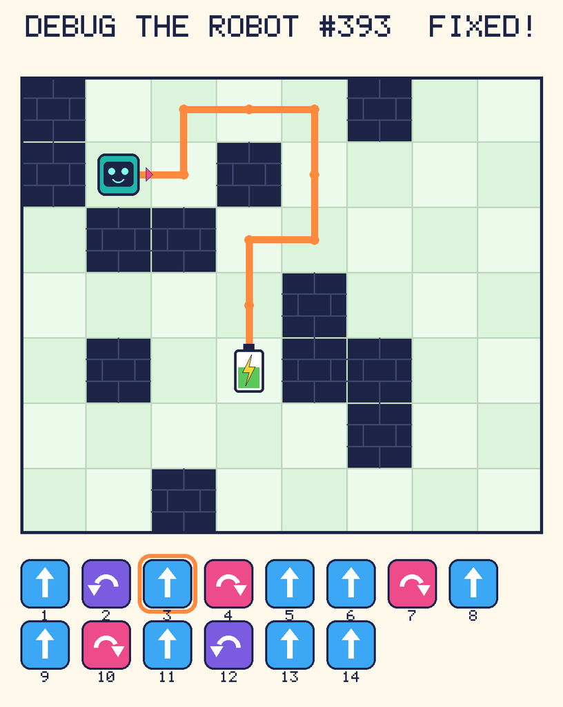 The fixed program, with Beep's route to the battery drawn as an orange line.