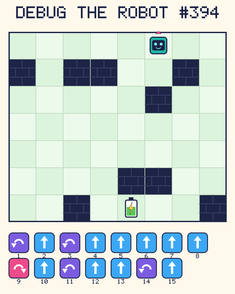 Debug the Robot 394. Beep starts at column 6, row 1, facing up. The battery is at column 5, row 7. Grid squares are counted from the top-left corner. Dark brick squares are walls.