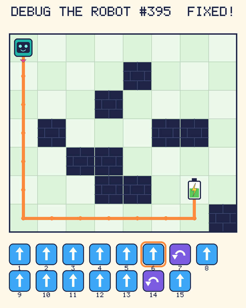 The fixed program, with Beep's route to the battery drawn as an orange line.