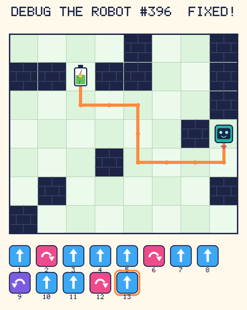 The fixed program, with Beep's route to the battery drawn as an orange line.