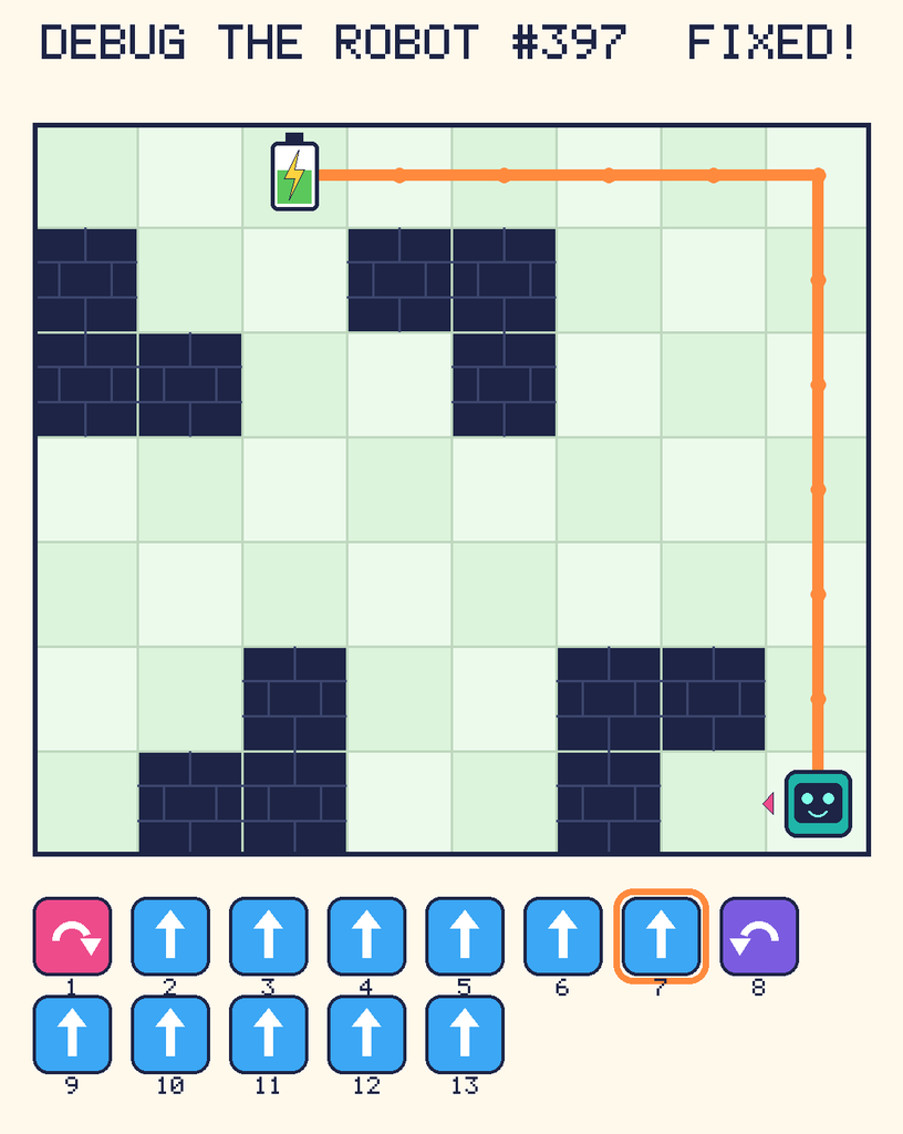 The fixed program, with Beep's route to the battery drawn as an orange line.
