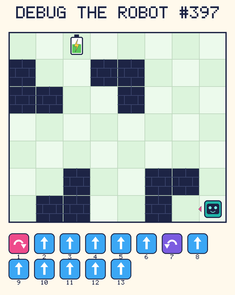 Debug the Robot 397. Beep starts at column 8, row 7, facing left. The battery is at column 3, row 1. Grid squares are counted from the top-left corner. Dark brick squares are walls.