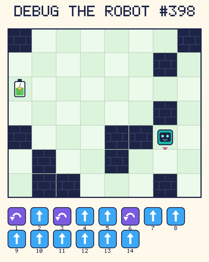 Debug the Robot 398. Beep starts at column 7, row 5, facing down. The battery is at column 1, row 3. Grid squares are counted from the top-left corner. Dark brick squares are walls.