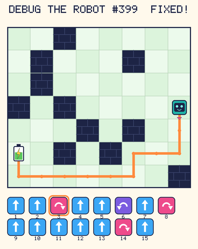 The fixed program, with Beep's route to the battery drawn as an orange line.