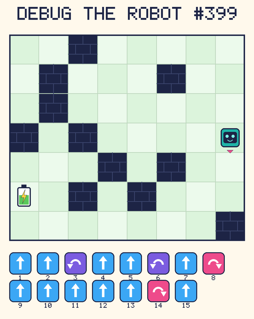 Debug the Robot 399. Beep starts at column 8, row 4, facing down. The battery is at column 1, row 6. Grid squares are counted from the top-left corner. Dark brick squares are walls.