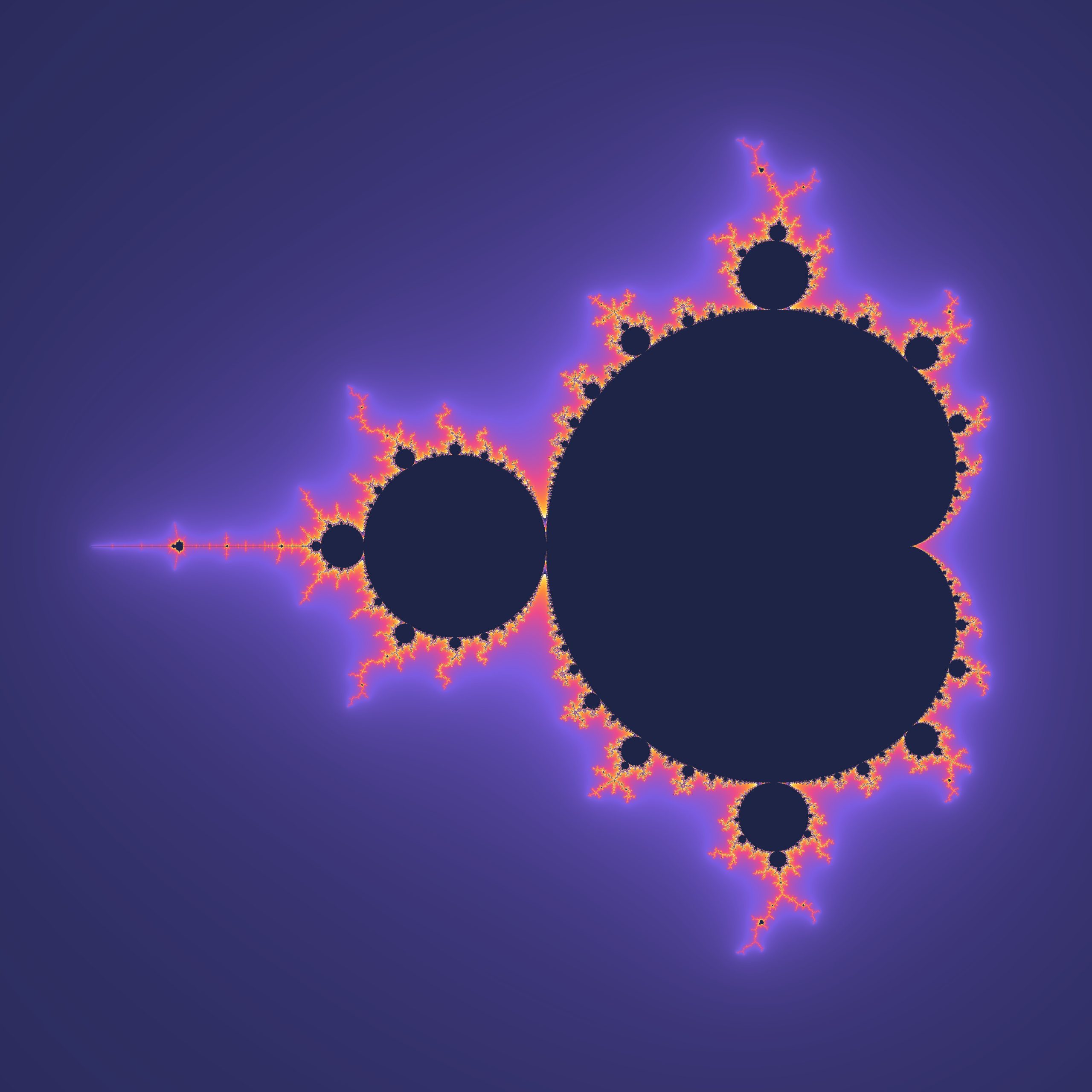 A colourful Mandelbrot set fractal: swirling, repeating shapes that look the same however far you zoom in