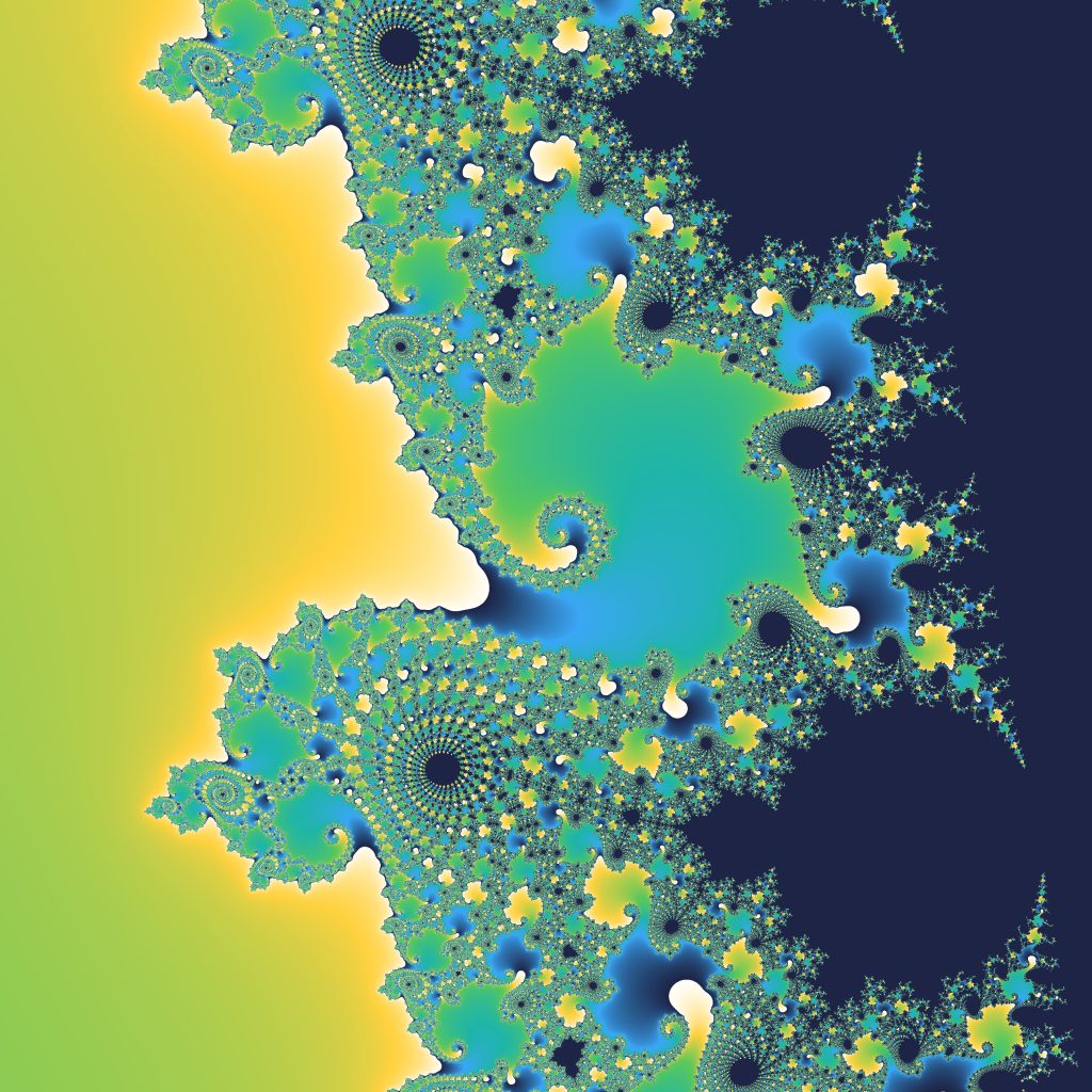 A colourful Mandelbrot set fractal: swirling, repeating shapes that look the same however far you zoom in