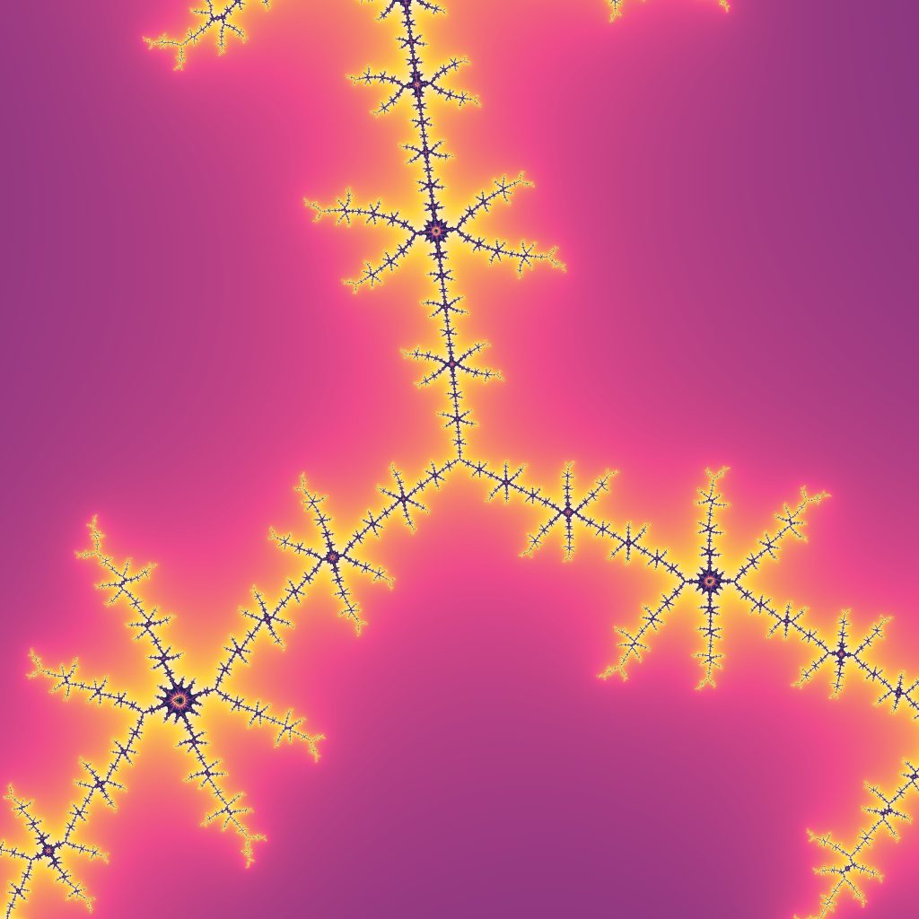 A colourful Mandelbrot set fractal: swirling, repeating shapes that look the same however far you zoom in
