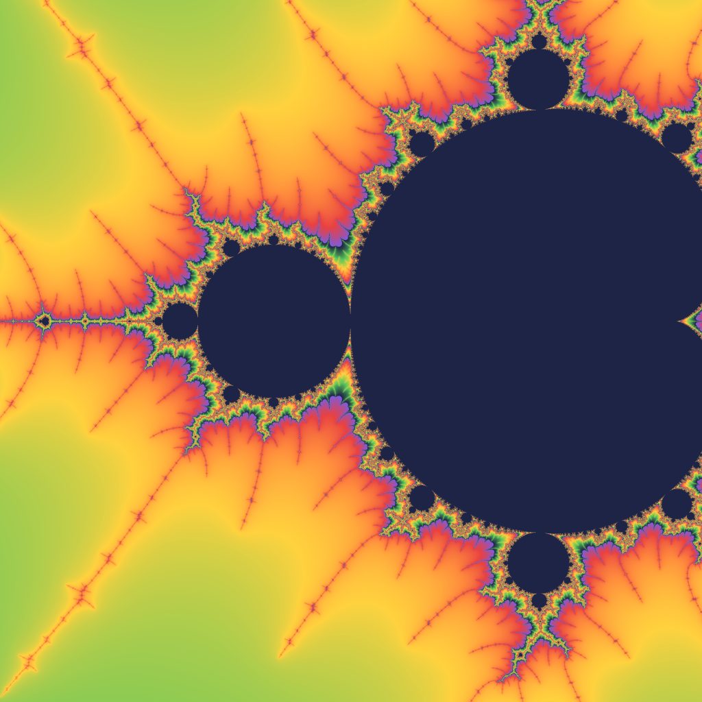 A colourful Mandelbrot set fractal: swirling, repeating shapes that look the same however far you zoom in