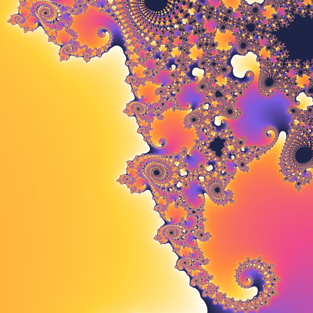 A colourful Mandelbrot set fractal: swirling, repeating shapes that look the same however far you zoom in