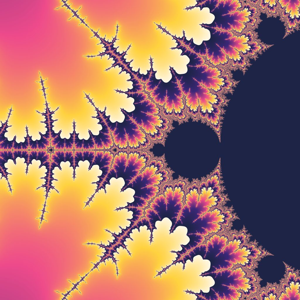 A colourful Mandelbrot set fractal: swirling, repeating shapes that look the same however far you zoom in
