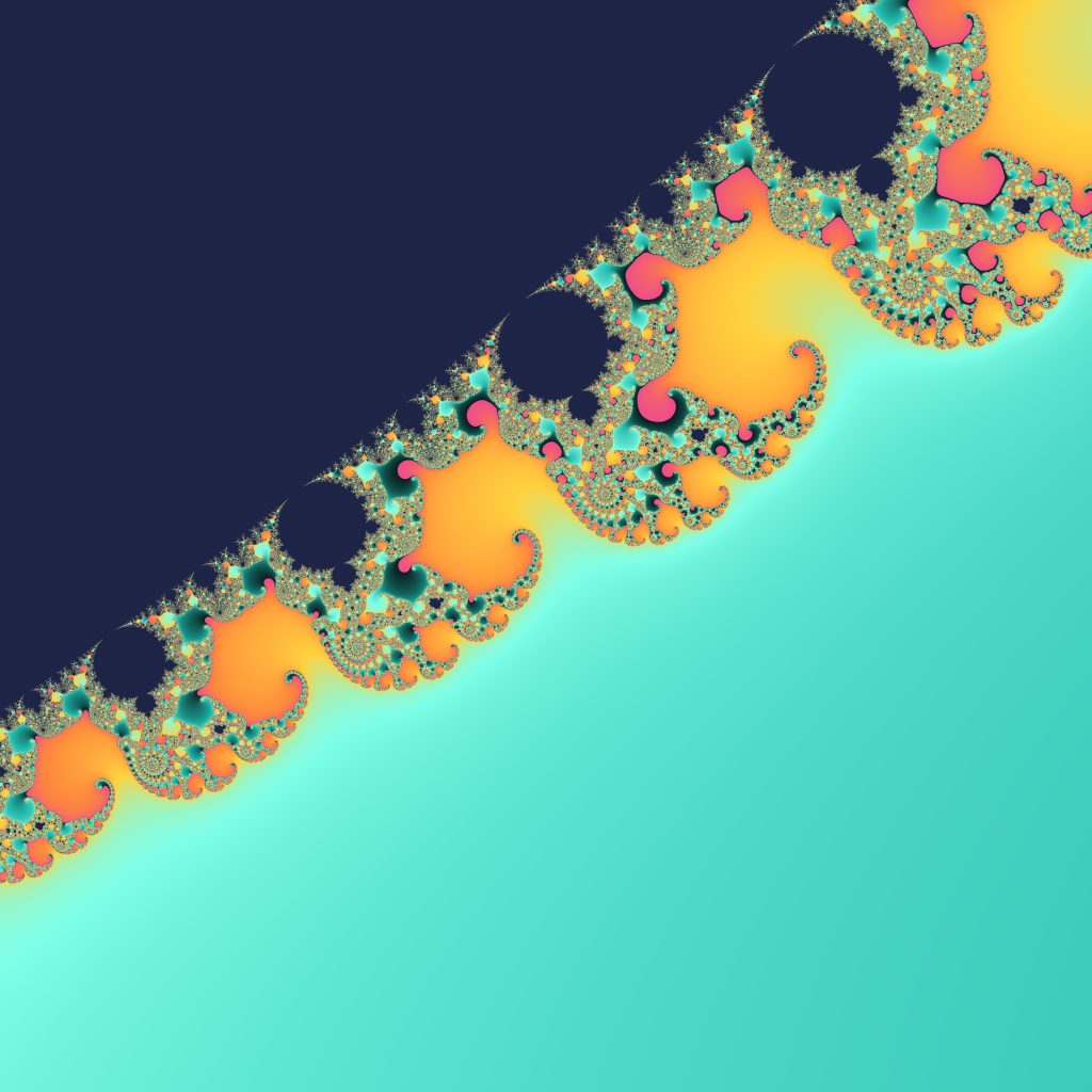 A colourful Mandelbrot set fractal: swirling, repeating shapes that look the same however far you zoom in