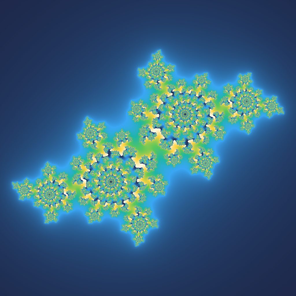 A colourful Julia set fractal: swirling, repeating shapes that look the same however far you zoom in