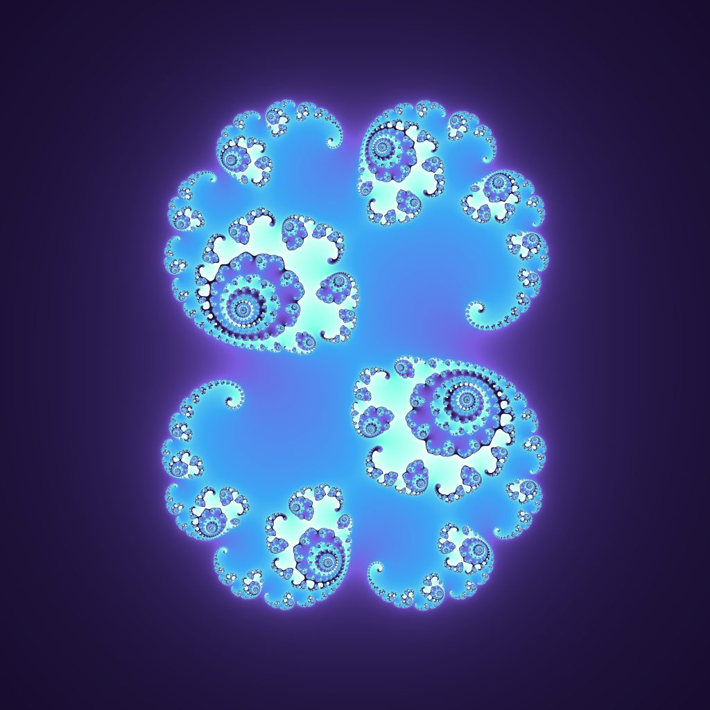 A colourful Julia set fractal: swirling, repeating shapes that look the same however far you zoom in