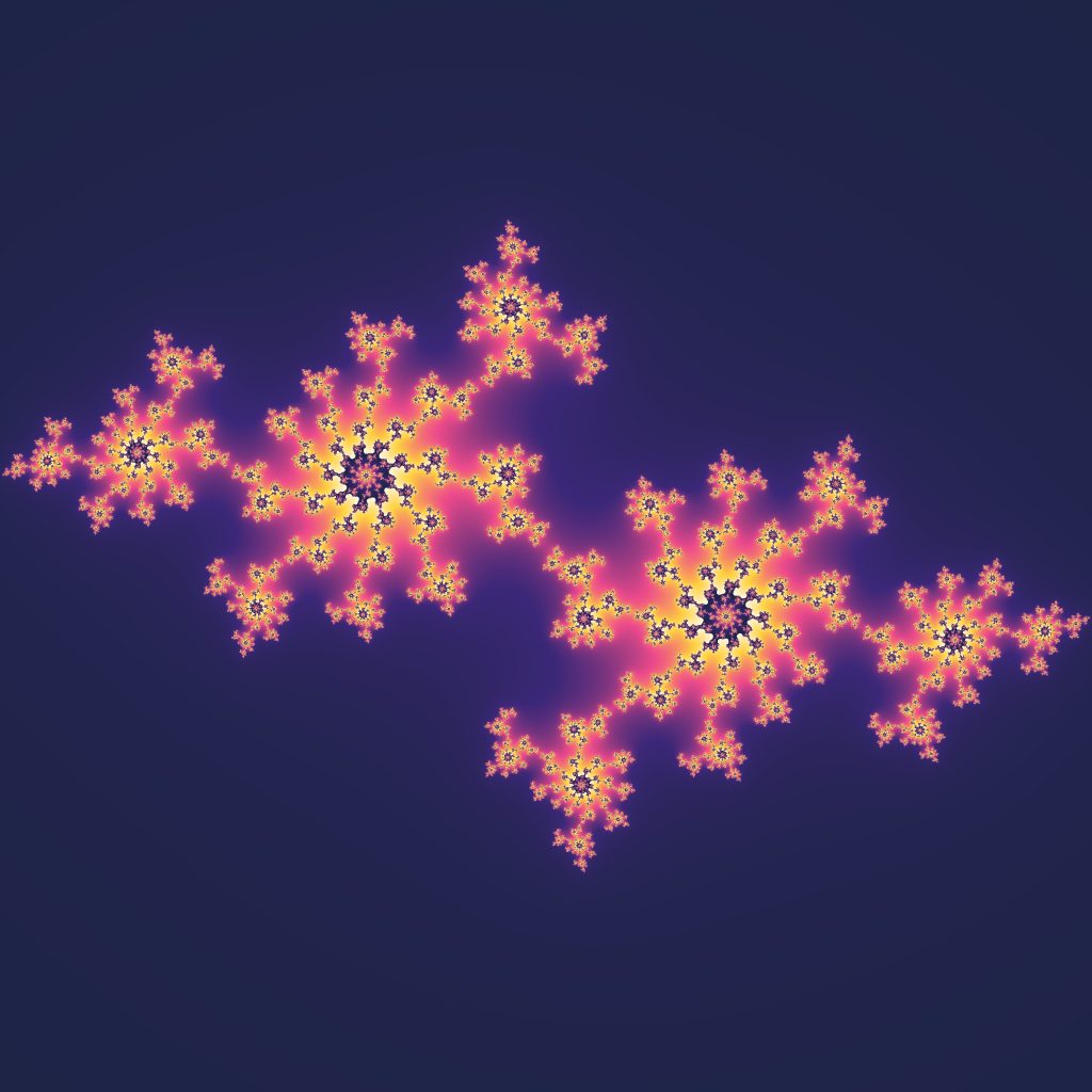A colourful Julia set fractal: swirling, repeating shapes that look the same however far you zoom in