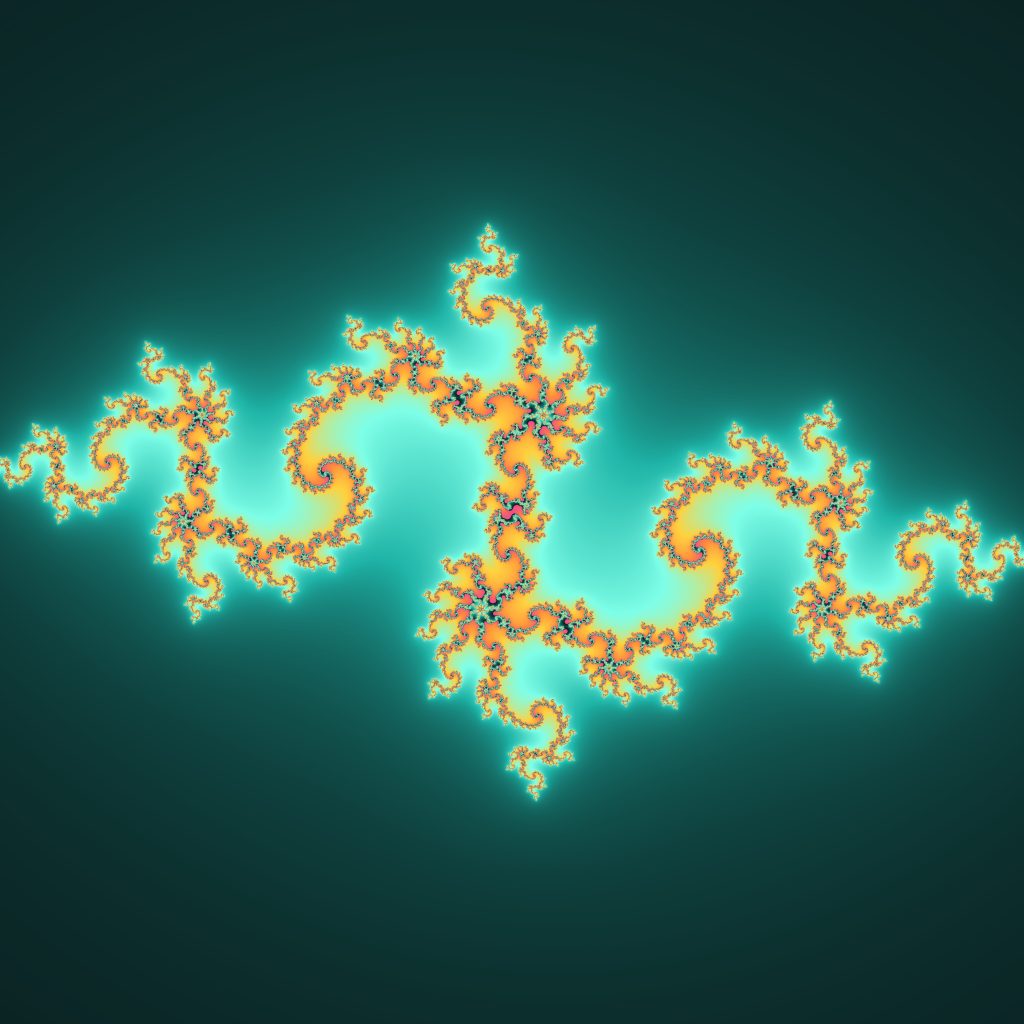 A colourful Julia set fractal: swirling, repeating shapes that look the same however far you zoom in