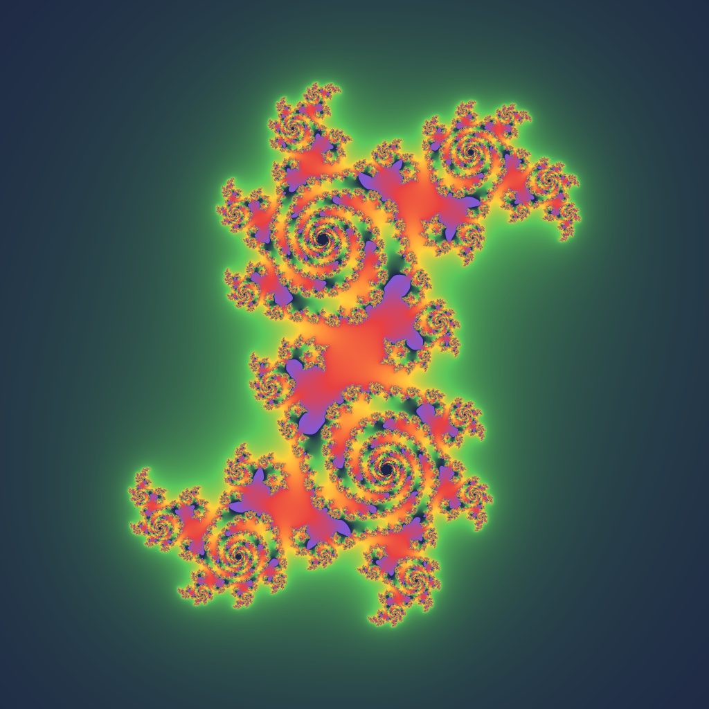 A colourful Julia set fractal: swirling, repeating shapes that look the same however far you zoom in